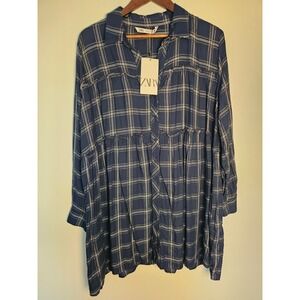 Dark Academia Zara Plaid Tunic Shirt Womens Large Navy Gold Metallic Tiered NEW